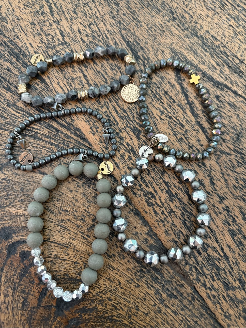 Erimish Stack of Women's Beaded Stretch Bracelets - Gunmetal & Iridescent